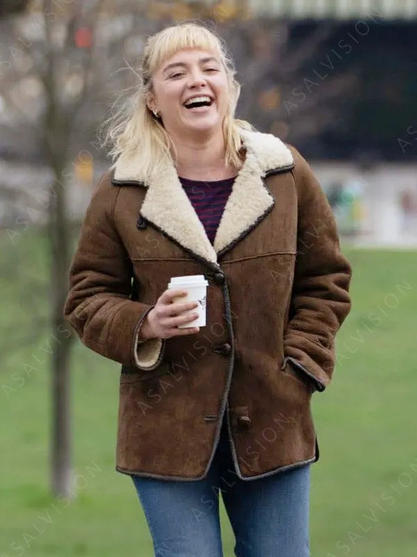 Almut We live in Time Florence Pugh Brown Suede Shearling Jacket