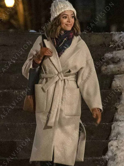 Amber Stevens Christmas Unwrapped Charity Jones Light Grey Trench Coat