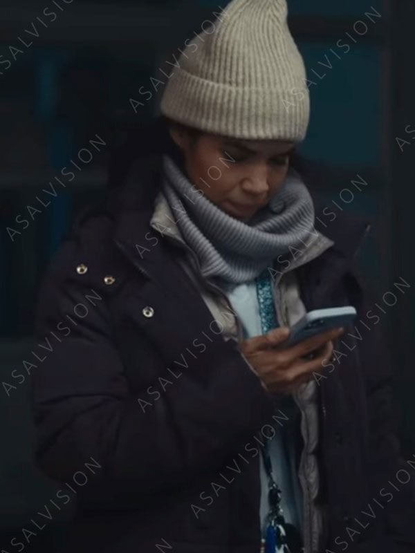 America Ferrera Dumb Money 2023 Jenny Campbell Purple Hooded Jacket