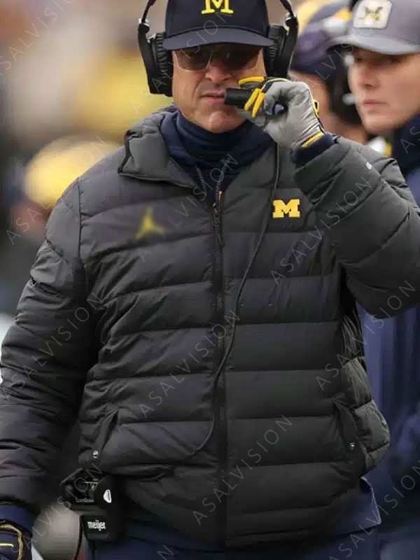 American Football Coach Jim Harbaugh Black Puffer Hooded Jacket