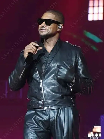 American Singer Usher Hot 107.9 Birthday Bash 2024 Black Quilted Leather Jacket