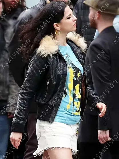 Amy Winehouse Movie Back To Black 2024 Marisa Abela Black Fur Collar Leather Jacket