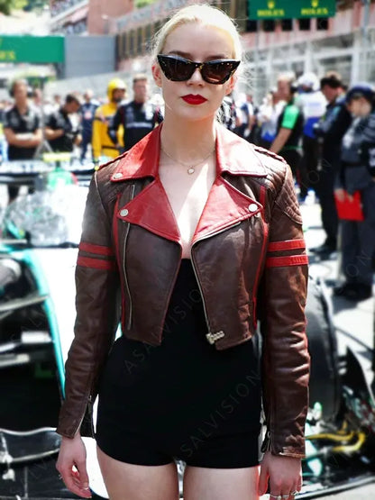 Anya Taylor Joy F1 GP Monaco Cropped Zipper Leather Jacket
