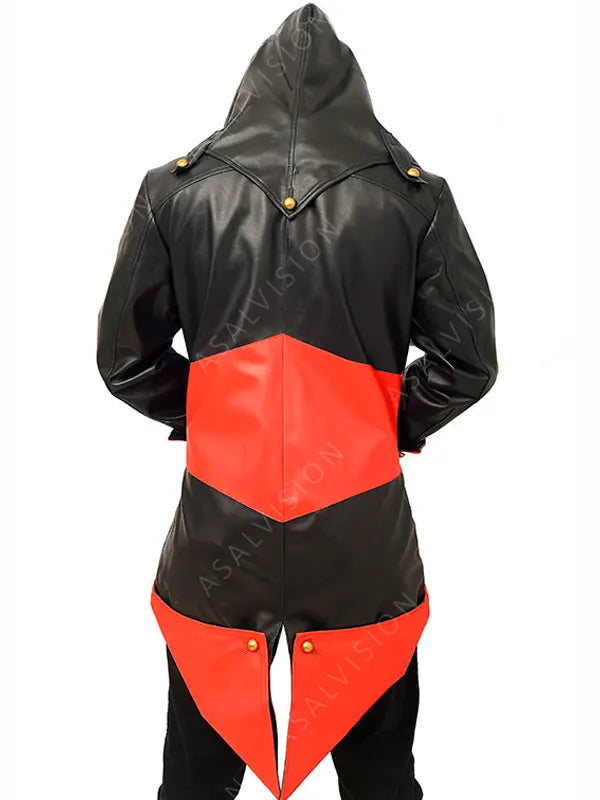 Assassins Creed Connor Kenway Leather Hooded Black And Red Jacket