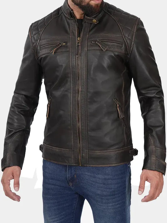 Atlas Quilted Shoulders Dark Brown Mens Biker Leather Jacket