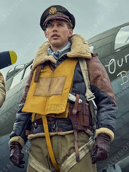 Austin Butler Masters Of The Air 2024 Maj. Gale ‘Buck’ Cleven Shearling Leather Military Jacket