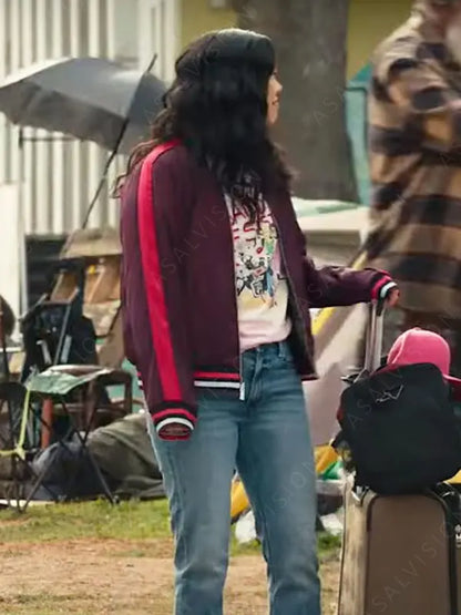 Awkwafina Jackpot 2024 Katie Maroon Bomber Striped Jacket