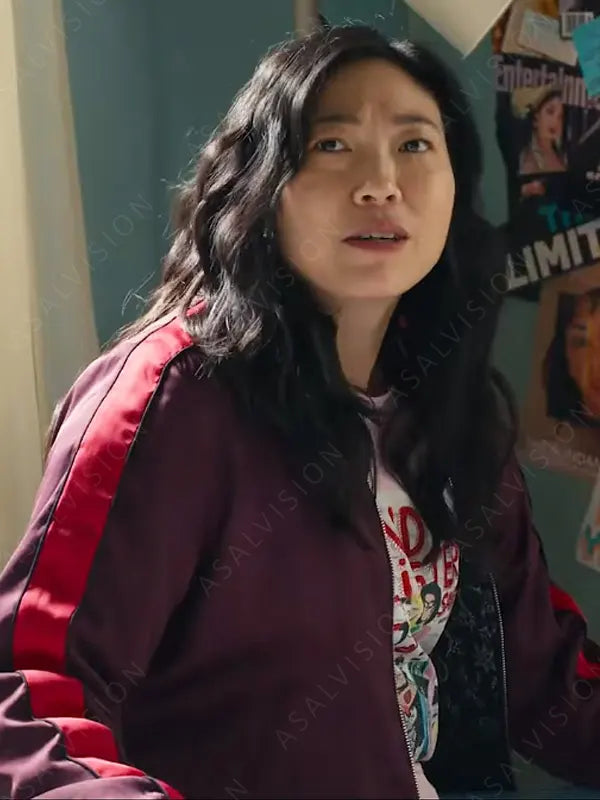 Awkwafina Jackpot 2024 Katie Maroon Striped Jacket