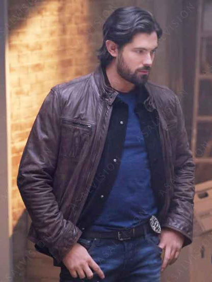 Beek Tipline Mysteries Dial 1 for Murder 2024 Chris McNally Brown Leather Jacket
