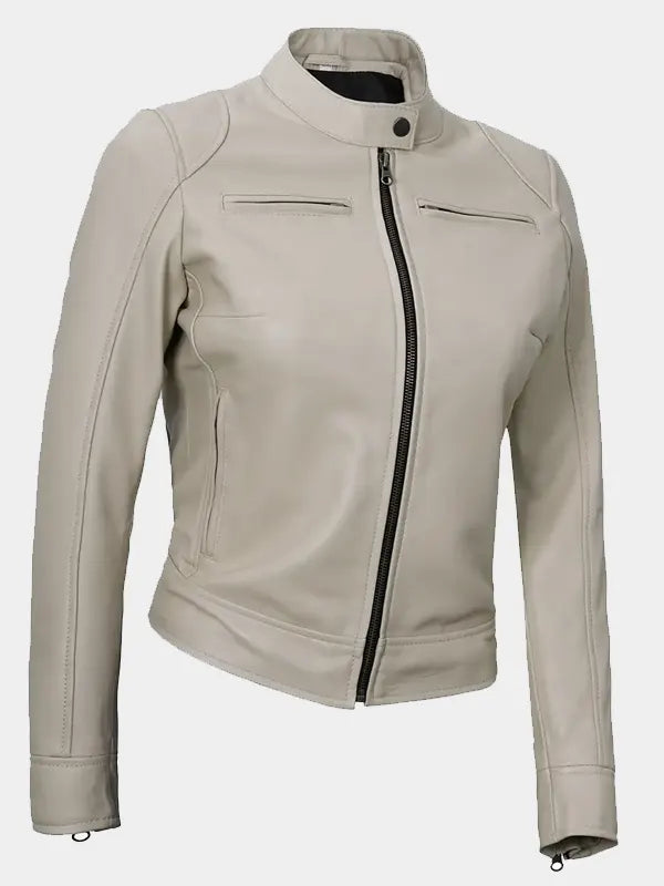 Beige Biker Leather Jacket For Women