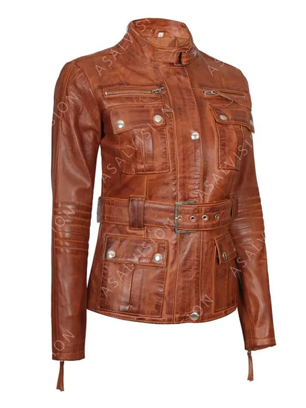 Belted Waxed Brown Four Pockets Leather Biker Jacket 