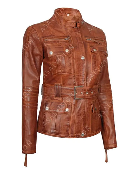 Belted Waxed Brown Four Pockets Leather Biker Jacket 