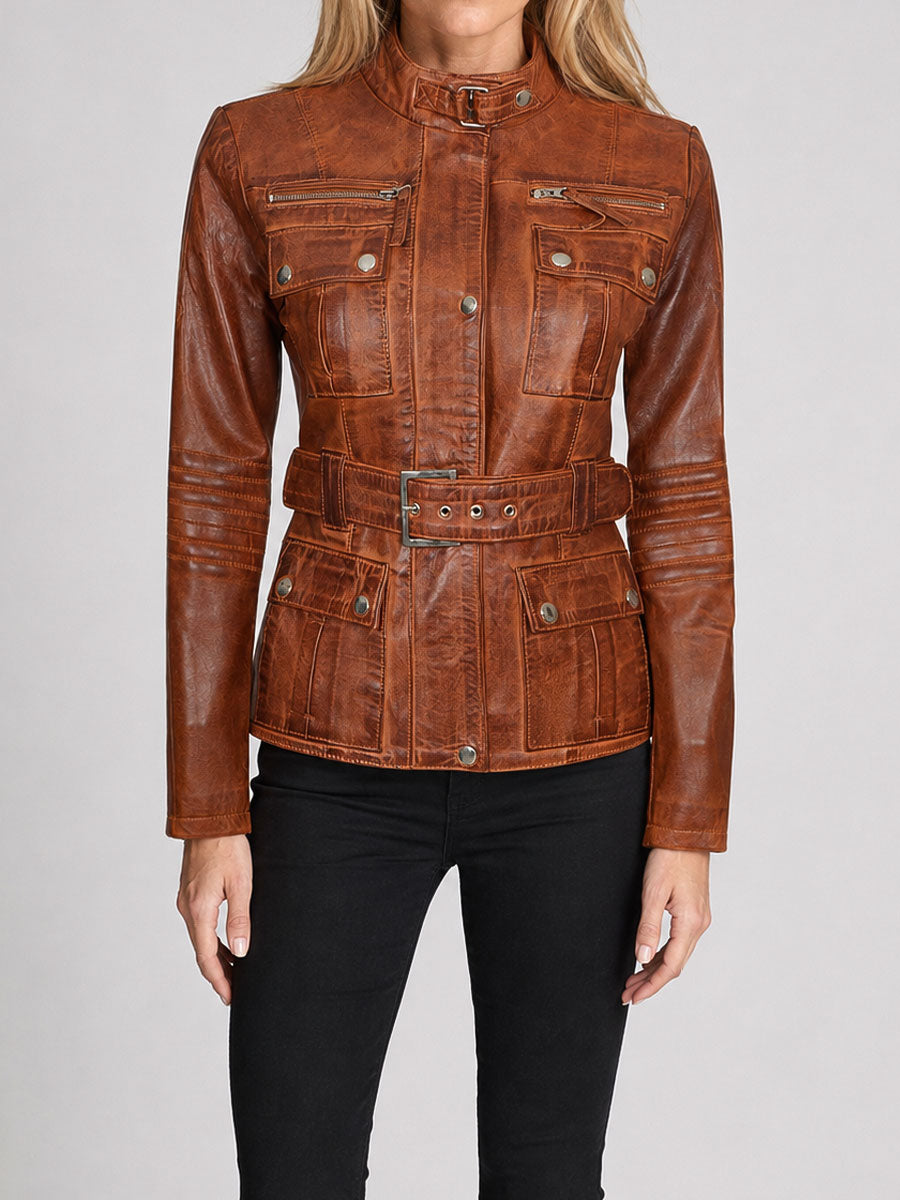 Zayla Belted Waxed Brown Leather Biker Jacket