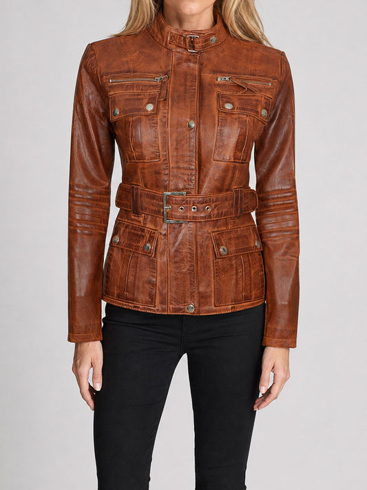 Zayla Belted Waxed Brown Leather Biker Jacket