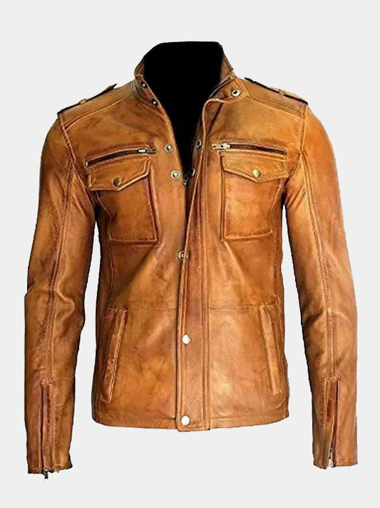 Biker Tan Distressed Motorcycle Leather Mens Jacket