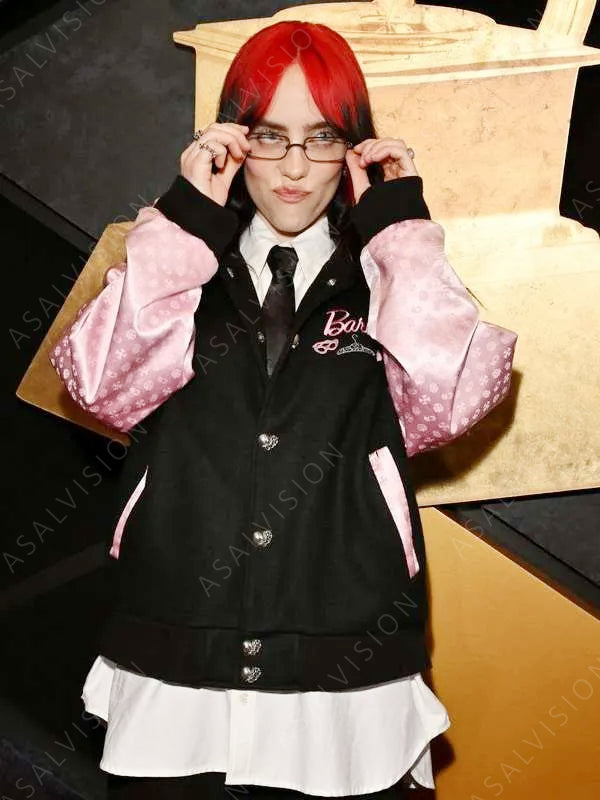 Billie Eilish Grammys Award 2024 Pink And Black Barbie Varsity Jacket