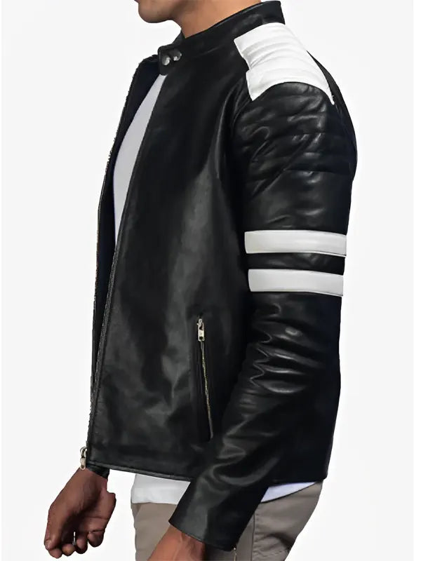 Black And White Cafe Racer Leather Motorcycle Jacket For Mens