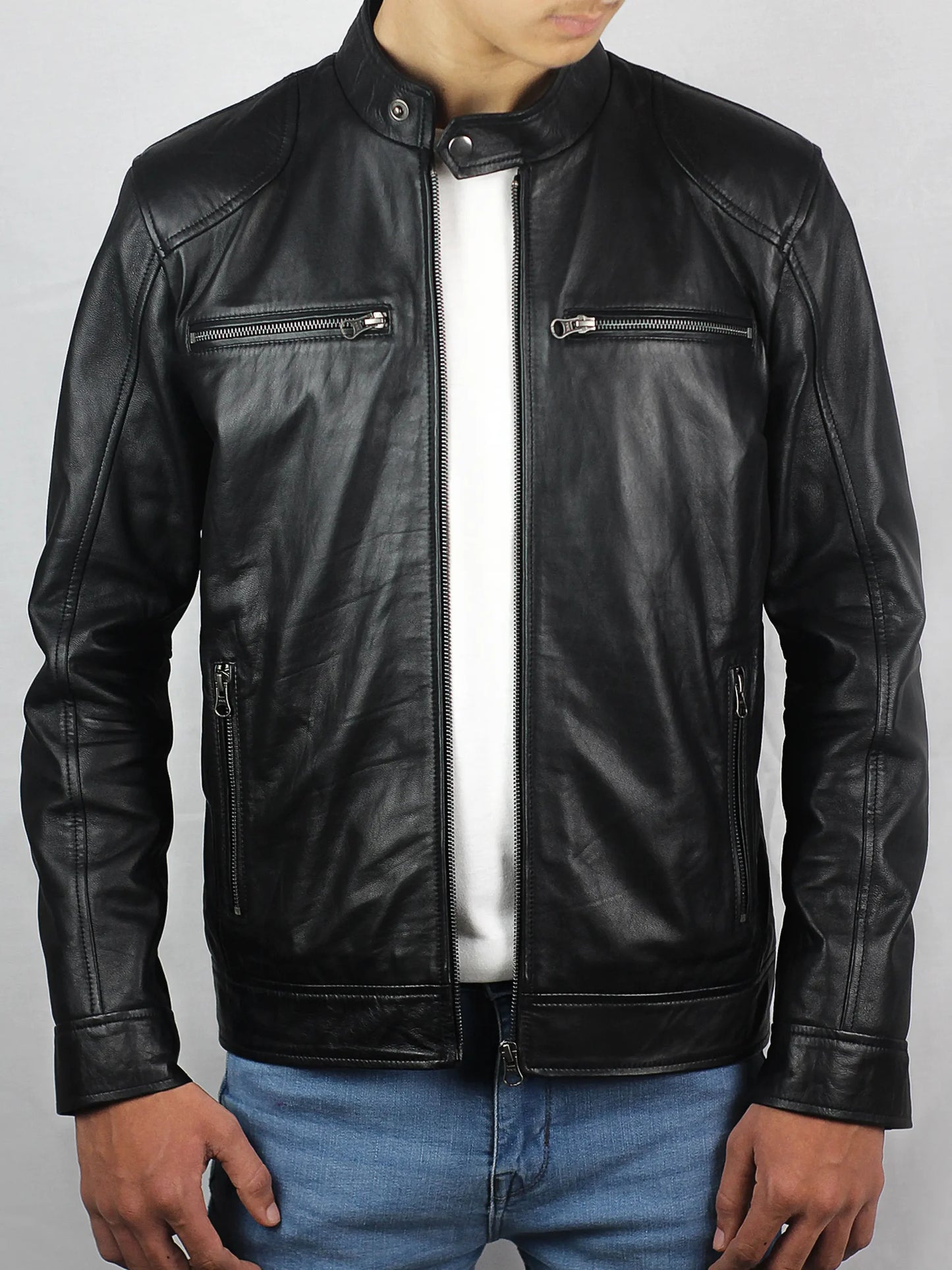 Black Biker Lambskin Leather Jacket For Men