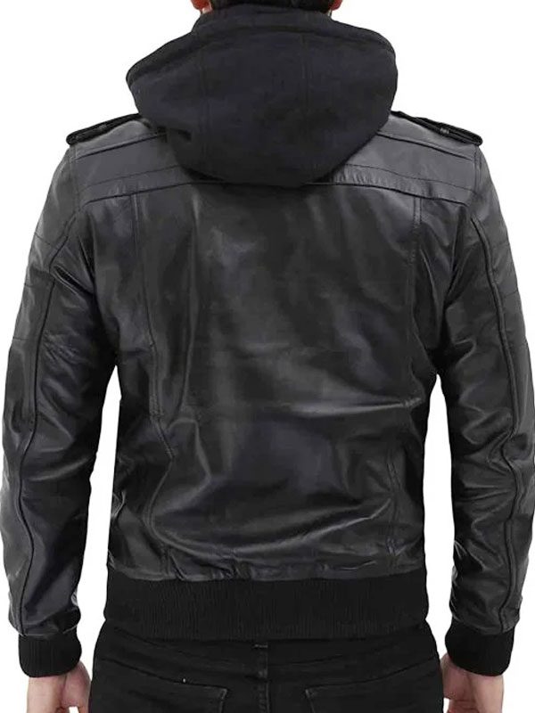 Black Bomber Hooded Fashion Leather Jacket For Mens
