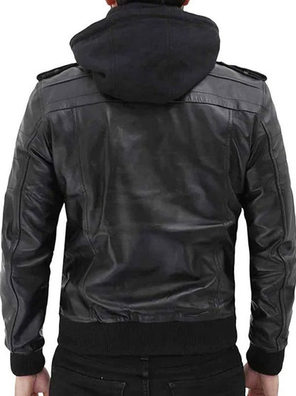Black Bomber Hooded Fashion Leather Jacket For Mens