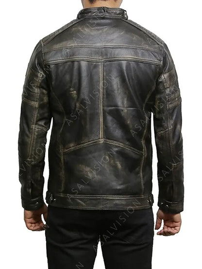 Black Cafe Racer Distressed Leather Biker Motorcycle Jacket