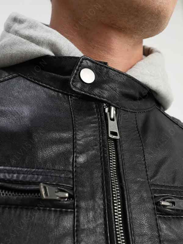 Black Hood Cafe Racer Leather Jacket With Hood