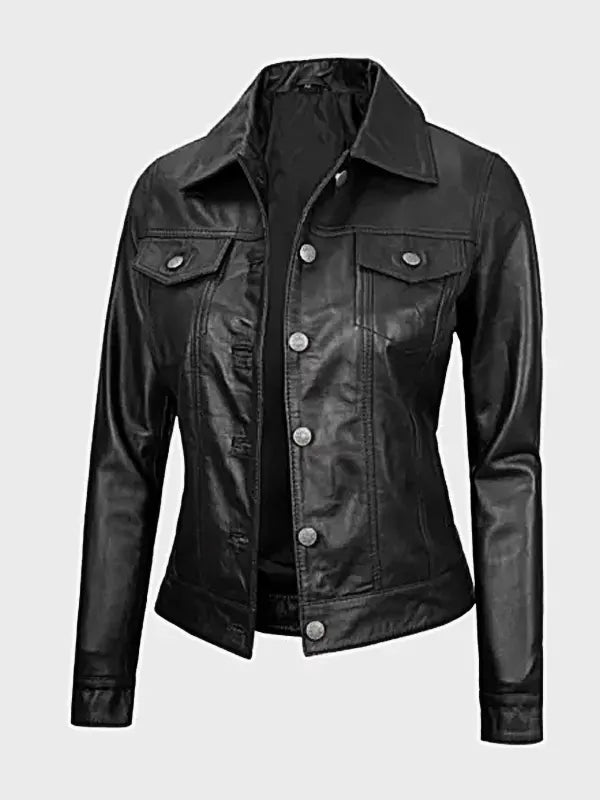 Black Lambskin Leather Trucker Jacket