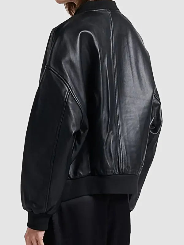 Black MA-1 Oversized Bomber Leather Jacket For Women