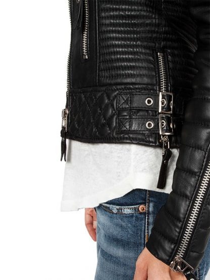 Black Quilted Motorcycle Leather Jacket For Women's