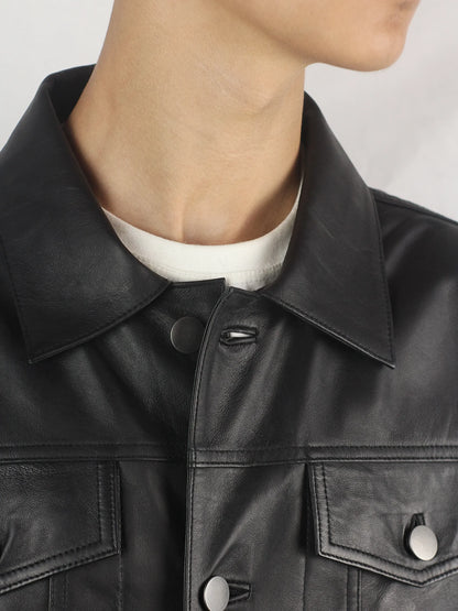 Black Trucker Real Leather Jacket