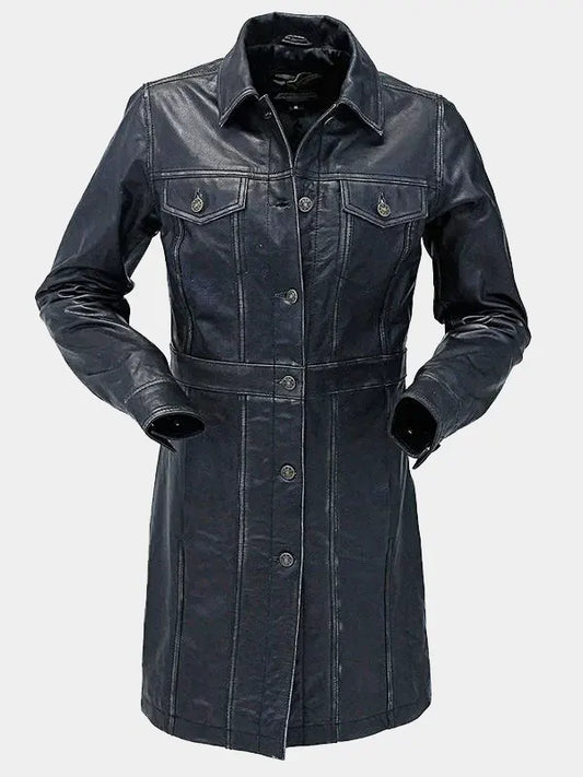 Black Vintage Leather Coat For Women