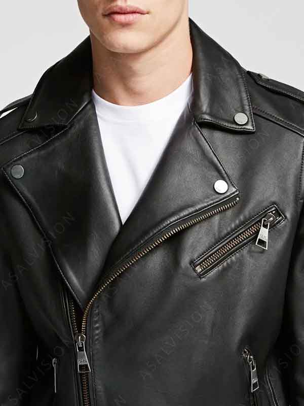 Black Zip-Up Leather Biker Jacket For Mens