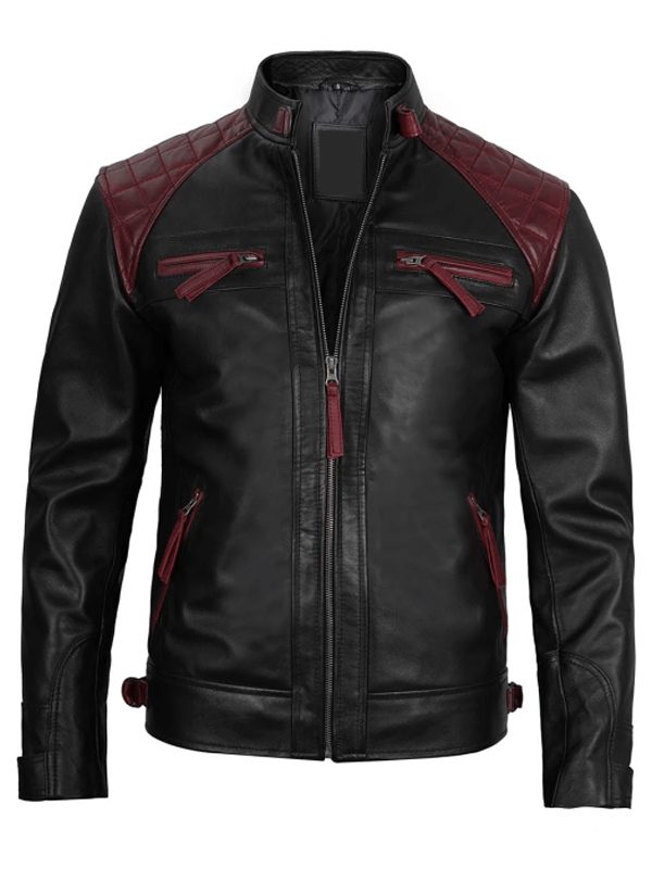 Black and Maroon Quilted Cafe Racer Biker Leather Jacket