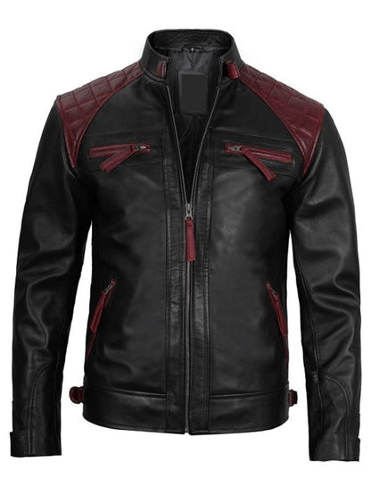 Black and Maroon Quilted Cafe Racer Biker Leather Jacket