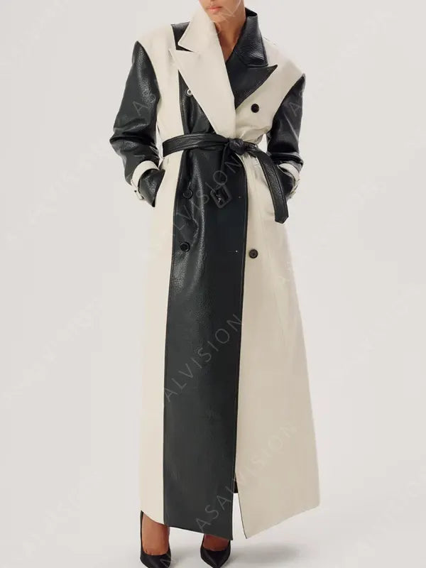 Black and White Long Leather Trench Coat