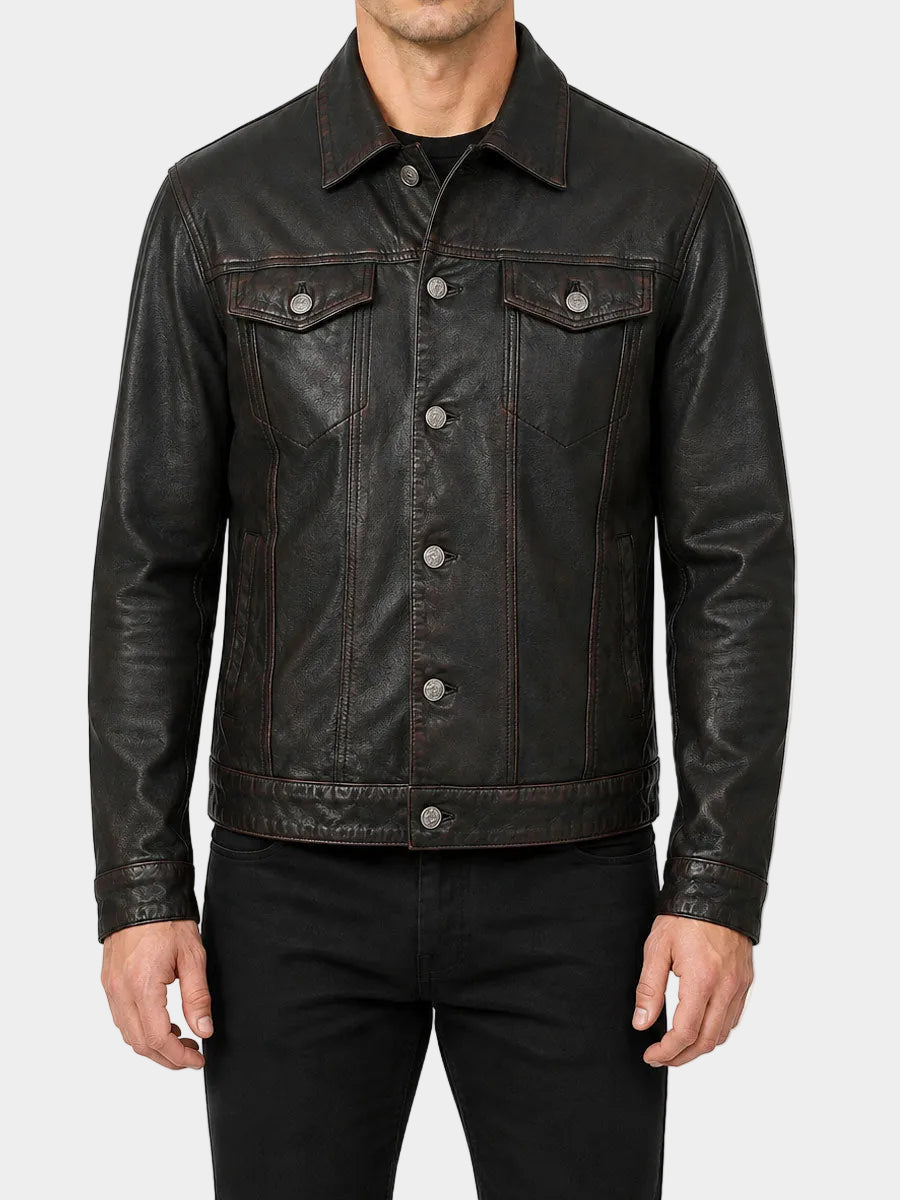 Black Distressed Trucker Leather Jacket