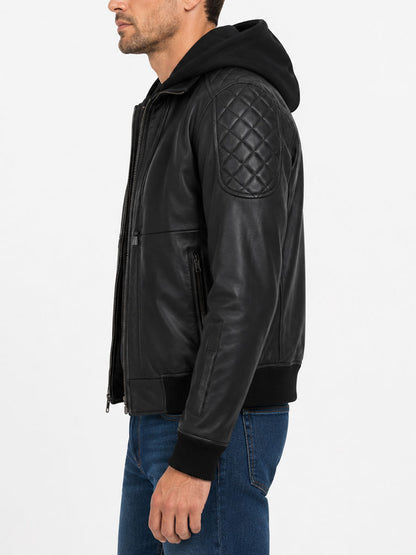 Black Hooded Leather Jacket With Quilted Shoulders
