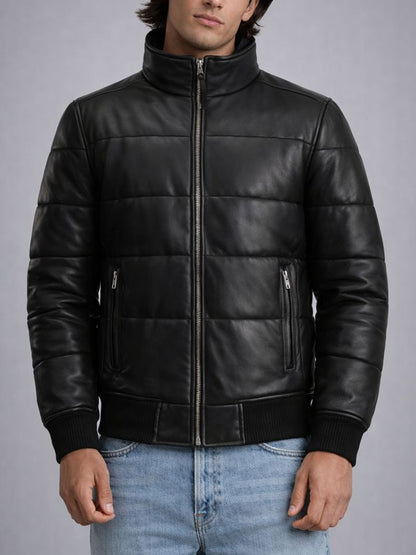 Knoxen Black Puffer Bomber Leather Jacket