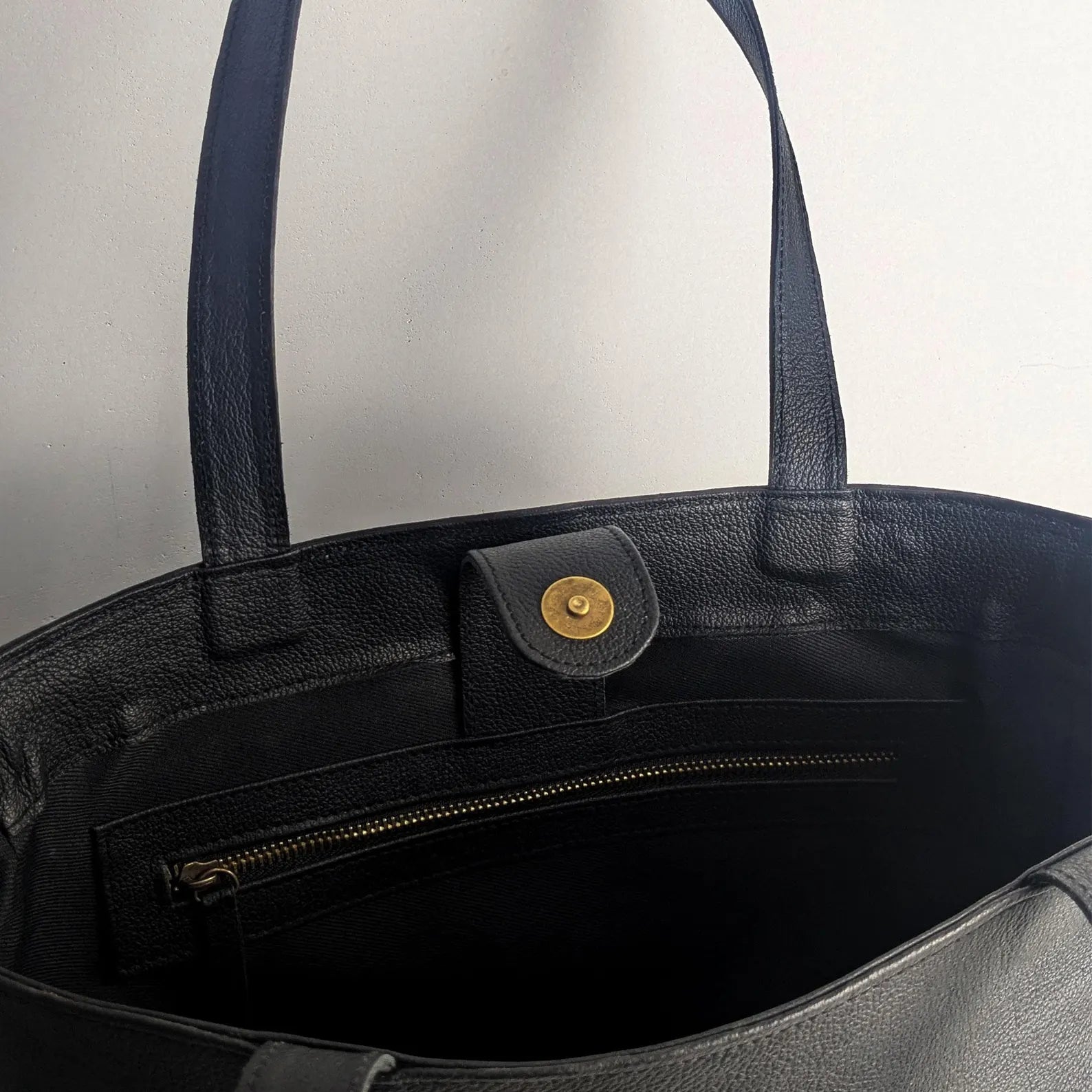 Black Leather Tote Bag With Cotton Lining