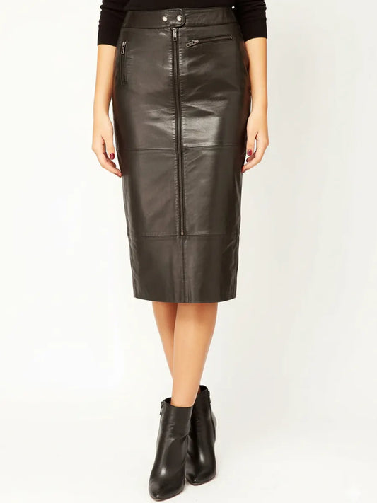 Black Real Leather Midi Skirt