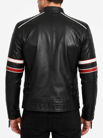 Black Striped Cafe Racer Genuine Leather Jacket For Men