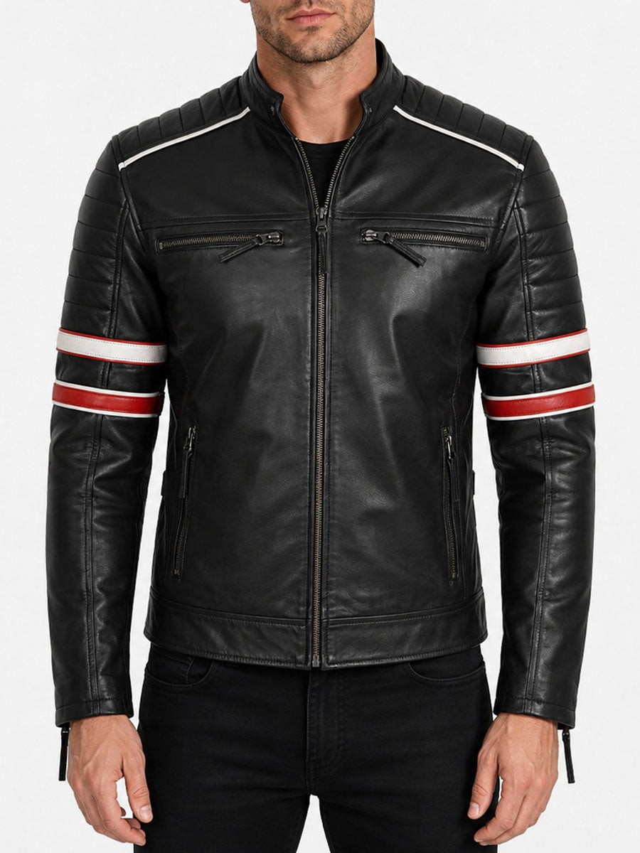 Black Striped Cafe Racer Leather Jacket For Men