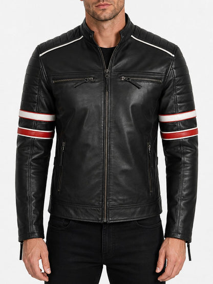 Black Striped Cafe Racer Leather Jacket For Men