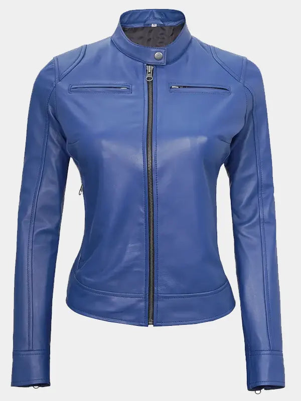 Blue Cafe Racer Lambskin Leather Jacket For Women