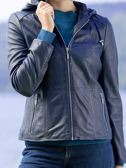 Blue Hooded Leather Fashion Jacket For Women's