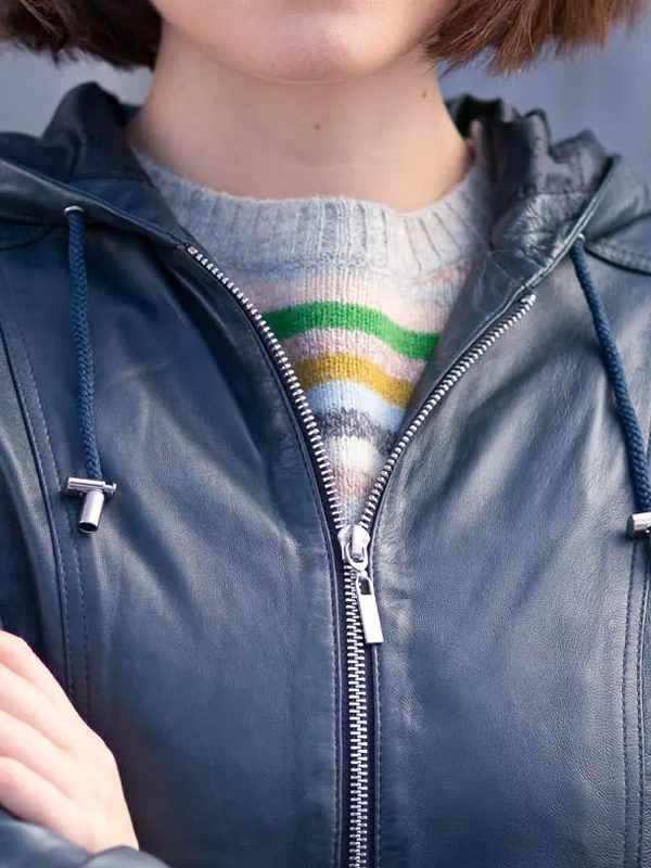 Blue Hooded Leather Jacket