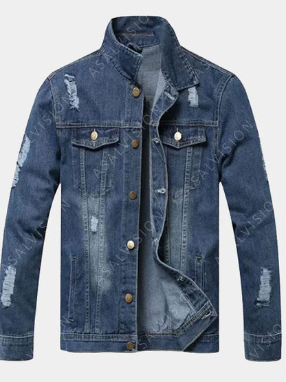 Blue Jean Damage Style Denim Jacket For Mens
