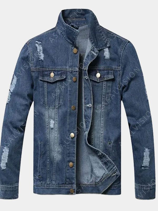 Blue Jean Damage Style Denim Jacket For Mens