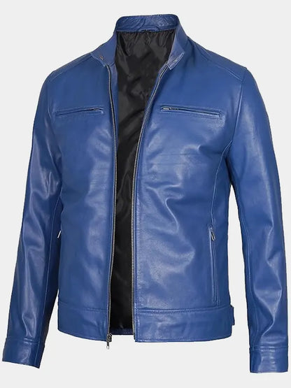 Blue Men’s Cafe Racer Lambskin Leather Jacket