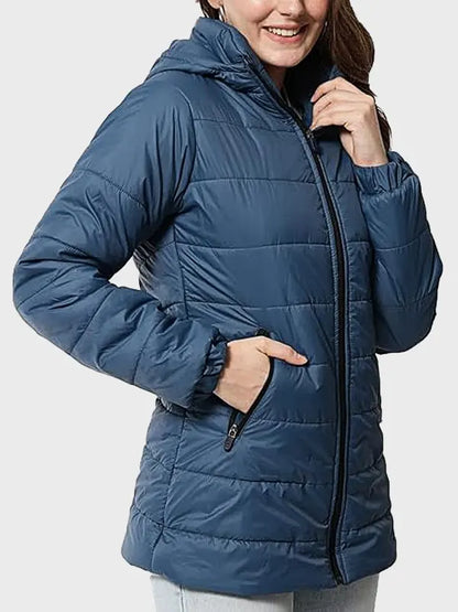 Blue Puffer Winter Jacket With Hood